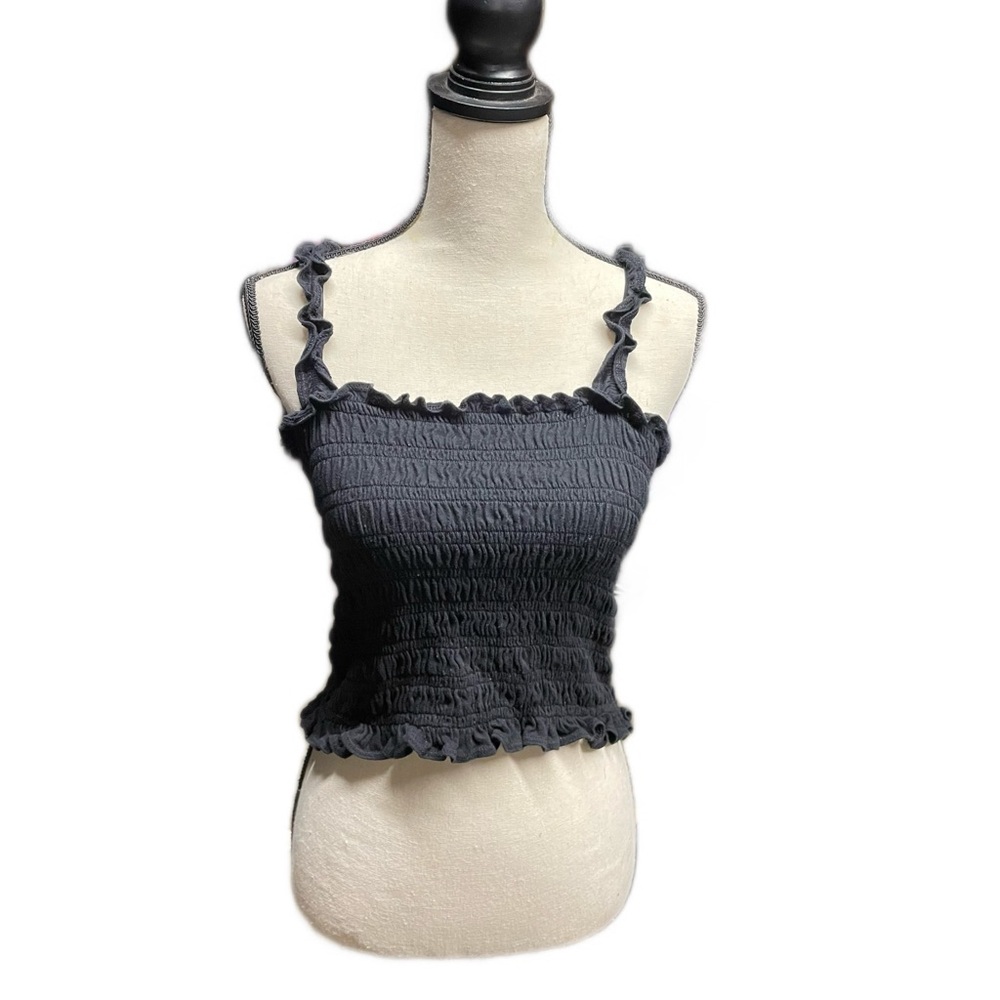 Black Cropped Tank Top with Shirring/Ruffles
